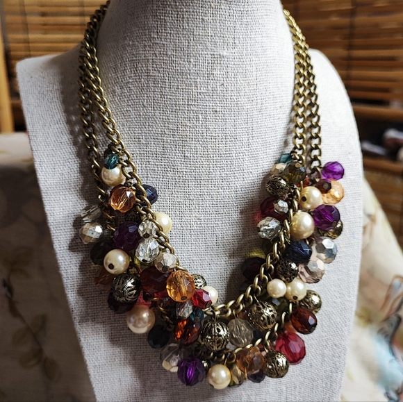 2 Strand Oxidized Brass Beaded Faux Pearl Bauble Beaded Filigree Balls Necklace - Picture 1 of 8